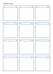 A year goal plan template with a simple and minimal style. Note, scheduler, diary, calendar planner document template illustration.