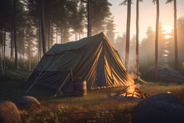 Tent in the forest, tropic, quiet, calm, peaceful, meditation, camping, night, relax. Generative AI
