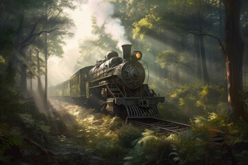 Vintage steam locomotive passing through a forest. Generative AI