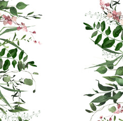 Watercolor greenery seamless frame on white background. Green, pink and golden wild plants, branches, leaves and twigs.