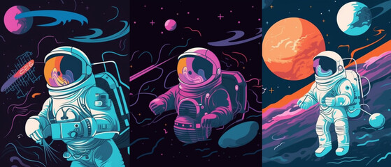 Space, astronaut and science fiction. Vector illustrations of universe, spaceship, planet, future, for background, poster or cover Created with generative AI tools.