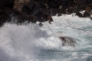 beautiful view on the ocean, wild stone coast and waves