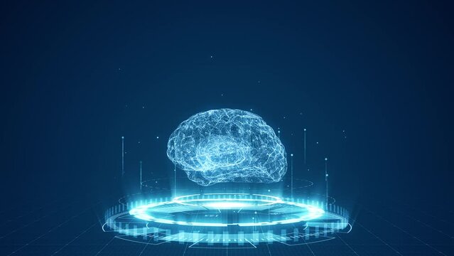 Motion graphic of Blue digital brain logo and circle futuristic HUD with Ai chatbot and machine learning technology with artificial intelligence and robot icon concepts on abstract background