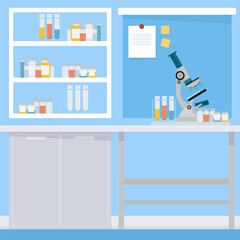 Empty medical office with microscope and shelves and blue background