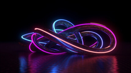 İnfinity symbol, neon light, loop, ultraviolet spectrum, quantum energy, pink blue violet glowing line, string, abstract background. Neon. Generative AI.