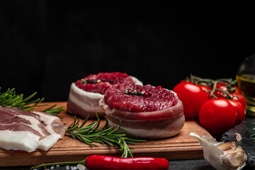 Beef medallions with rosemary and spices, Food recipe background. Close up