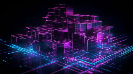 Glowing lines, neon lights, abstract psychedelic background, cube cage, ultraviolet, blue, spectrum vibrant colors. Generative AI.