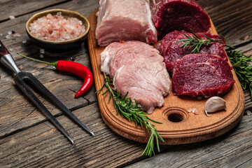 various types of fresh meat pork and beef. Different types of raw pork meat and beef. banner, menu, recipe place for text, top view