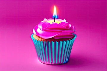 a cupcake with a single candle sticking out of it colorfully, generative ai
