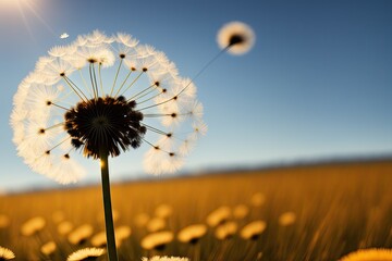 Dandelion seeds in the sunlight blowing away across a fresh green morning background, generative ai