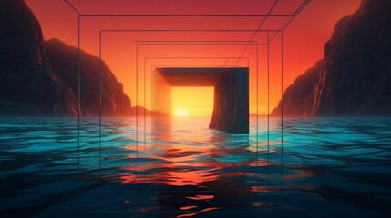 Neon square frame glowing over the futuristic landscape with cliffs and water, sunset or sunrise. Modern minimal abstract background. Generative AI.