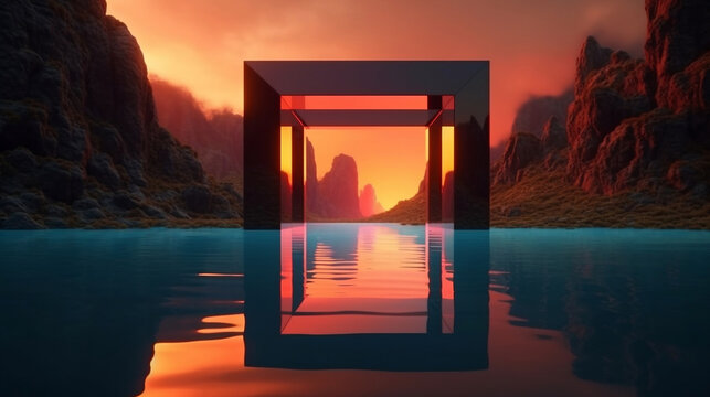 Neon square frame glowing over the futuristic landscape with cliffs and water, sunset or sunrise. Modern minimal abstract background. Generative AI.