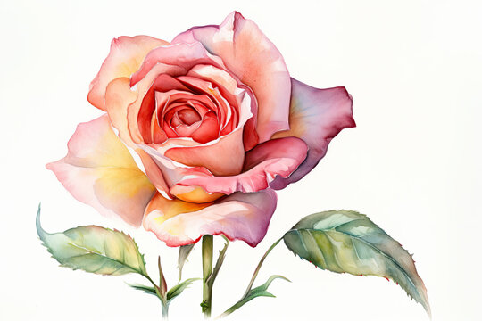 Paint a watercolor picture of a single rose with a realistic and detailed style, using precise brushstrokes to capture the intricate details of the petals and leaves, on a white background