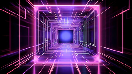 Fototapeta premium A neon-glowing square portal with lines tunneling through was created using Generative AI.- Generative AI