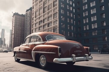 vintage car in modern city stands on empty road against background of modern tall buildings, generative ai