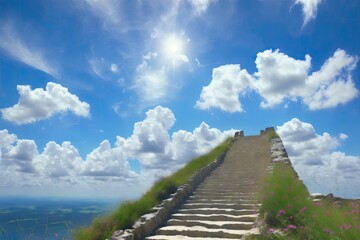 Fototapeta na wymiar a stairway leading up into a bright blue sky, dream heavenly clouds, generative ai