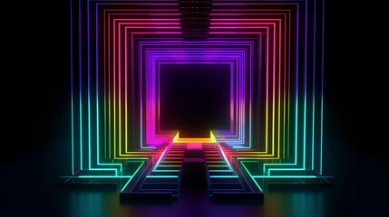 Vibrant rainbow colors, laser show, glowing spectrum rectangle, blank frame, neon lights, abstract psychedelic background, ultraviolet, led screen. Generative AI.