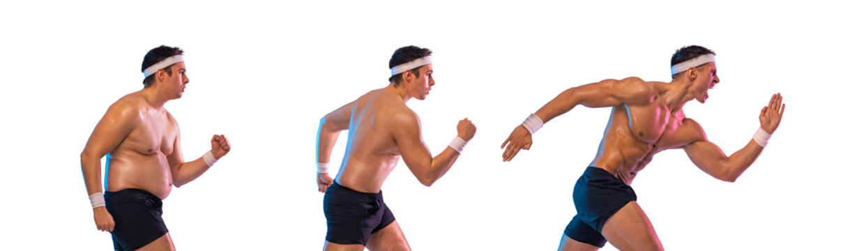 Run. Never give up. Fat to fit concept. Man jogging to slim shape isolated  on background. Guy running to lose weight and become athlete. Before and  After Fitness Transformation. Transparent background Stock Photo | Adobe  Stock