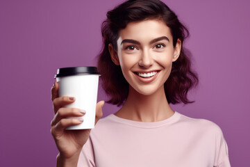 Mockup of young woman holding disposable paper Coffee cup on violet background.