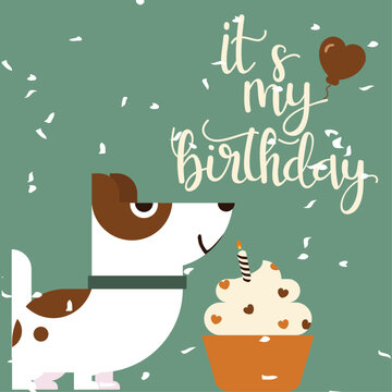   Illustration It's My Birthday  with Dog and Cupcake 