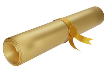 Gold Diploma, close up of gold paper scroll with golden ribbon isolated on white background. Graduation Degree Scroll with Medal. Education certificate graduation scroll icon. 3D png illustration. - obrazy, fototapety, plakaty