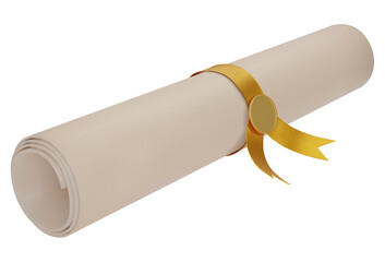 Diploma, close up of paper scroll with yellow ribbon isolated on white background. Graduation Degree Scroll with Medal. Education certificate graduation scroll icon.  3D png illustration.