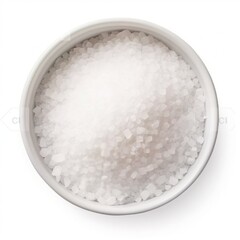 Coarse sea salt in white bowl isolated on white. Top view. Ingredient, recipe, seasoning.