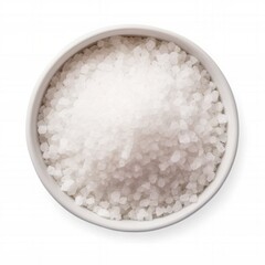Fototapeta na wymiar Coarse sea salt in white bowl isolated on white. Top view. Ingredient, recipe, seasoning.