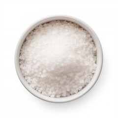 Coarse sea salt in white bowl isolated on white. Top view. Ingredient, recipe, seasoning.