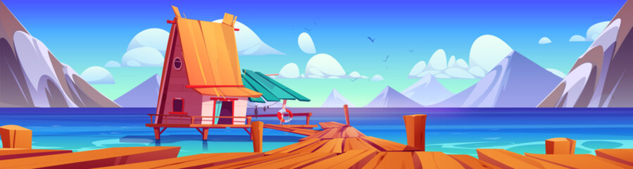 Stilt house on lake beach in mountain valley. Nature landscape with small wooden hut, pier on river and rocks. Fishing cabin on lake shore, vector cartoon illustration