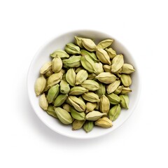 Green cardamomo in white bowl, isolated on white background. Seasoning, indian, recipe. ingredient.