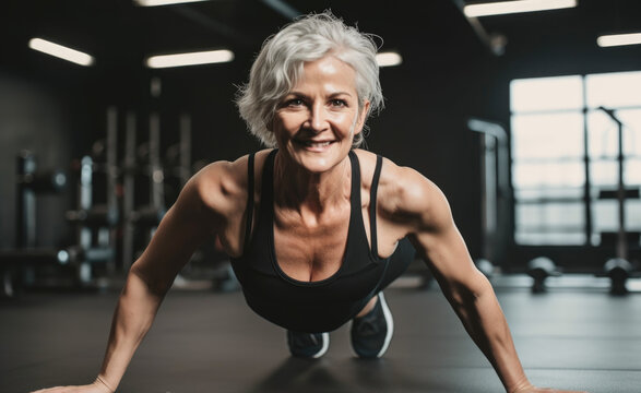 Portrait of happy senior woman in gym, generative ai