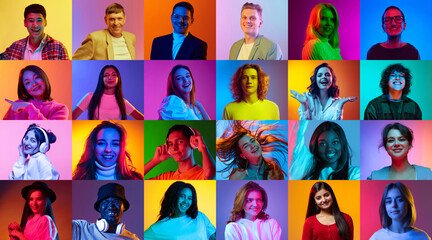 Collage made of different people of diverse age, gender, race and nationality. People smiling over multicolored background in neon light. Concept of emotions, human rights and equality, youth, ad - obrazy, fototapety, plakaty