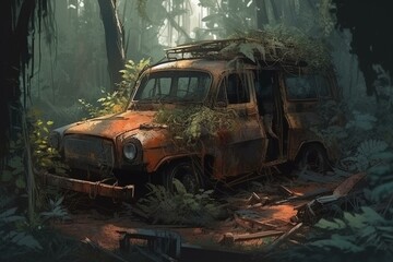 Obraz na płótnie Canvas Wracked old rusty Russian car overgrown with foliage in jungle forest illustration generative ai