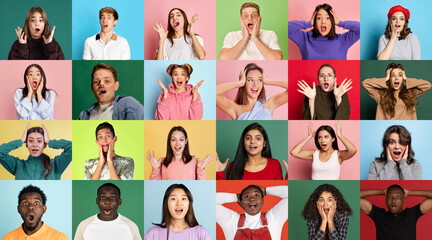 Shock, surprise. Collage made of astonished people of different age gender, race and nationality posing over multicolor background. Concept of emotions, human rights and equality, youth, ad