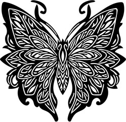 Black and white retro illustration of butterfly in tribal style, tattoo art, vector drawing 