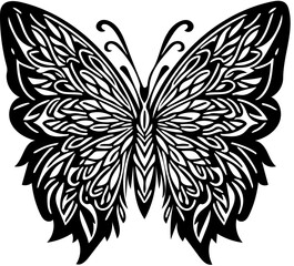 Black and white retro illustration of butterfly in tribal style, tattoo art, vector drawing 