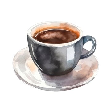 Watercolor illustration of a cup of black coffee on white background. Generative AI.