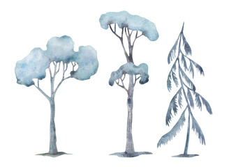 Watercolor decorative stylized trees. Set of illustrations of hand drawn green plants isolated on white background.