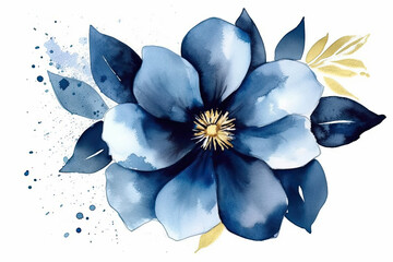 Paint a watercolor picture of a blue flower with a bold and modern twist, using geometric shapes and metallic blue and gold glitter to create a sense of sophistication and glamour, on a high-quality