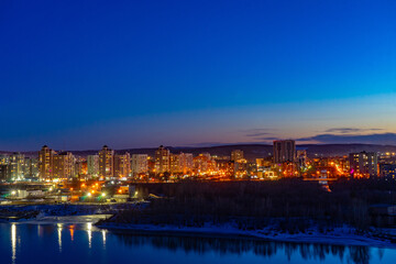 Lights of the night city. Novokuznetsk at night from the observation deck.