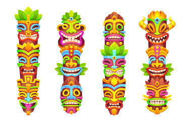 Hawaiian tribal totems with tiki masks on poles. Polynesian god wooden statues, colored native african tikki masks isolated on white background, vector cartoon set