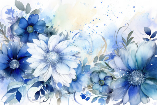 Use watercolors to create a colorful and vibrant scene of blue flowers with glitter accents and intricate detailing, on a high-quality background that showcases the beauty and complexity of the design
