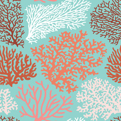 Hand drawn seamless vector pattern with coral silhouettes on turquoise background. Perfect for fabric, wallpaper or wrapping paper. © MirabellePrint