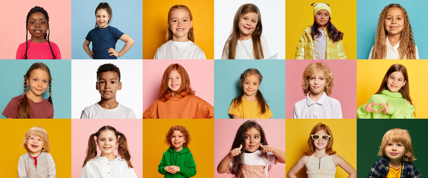 Collage. Little girls and boys, children of different race, nationality age showing different emotions over multicolored background. Concept of emotions, facial expression, childhood, lifestyle