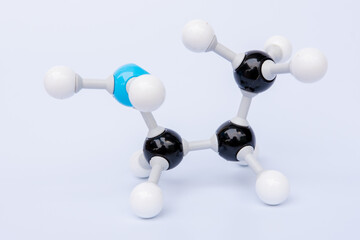 Propanamine  molecular structure isolated on white background. Chemical formula is C3H7NH2, Chemistry molecule model for education on white background