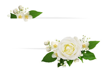 White rose, jasmine (Philadelphus) and gypsophila flowers in a floral arrangement with white card...