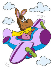 Coloring page outline of cartoon smiling cute horse piloting an airplane. Colorful vector illustration, summer coloring book for kids.