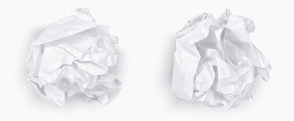 Naklejka premium Crumple paper ball, white 3d crinkle trash vector isolated on transparent background. Waste scrunch garbage icon set. Realistic wrinkled page. Messy throw rumple grunge sheet. Mistake in document