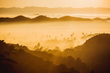 Amazing watercolor view of foggy morning landscape with farm fields at Thanlwin river. Hpa An,...